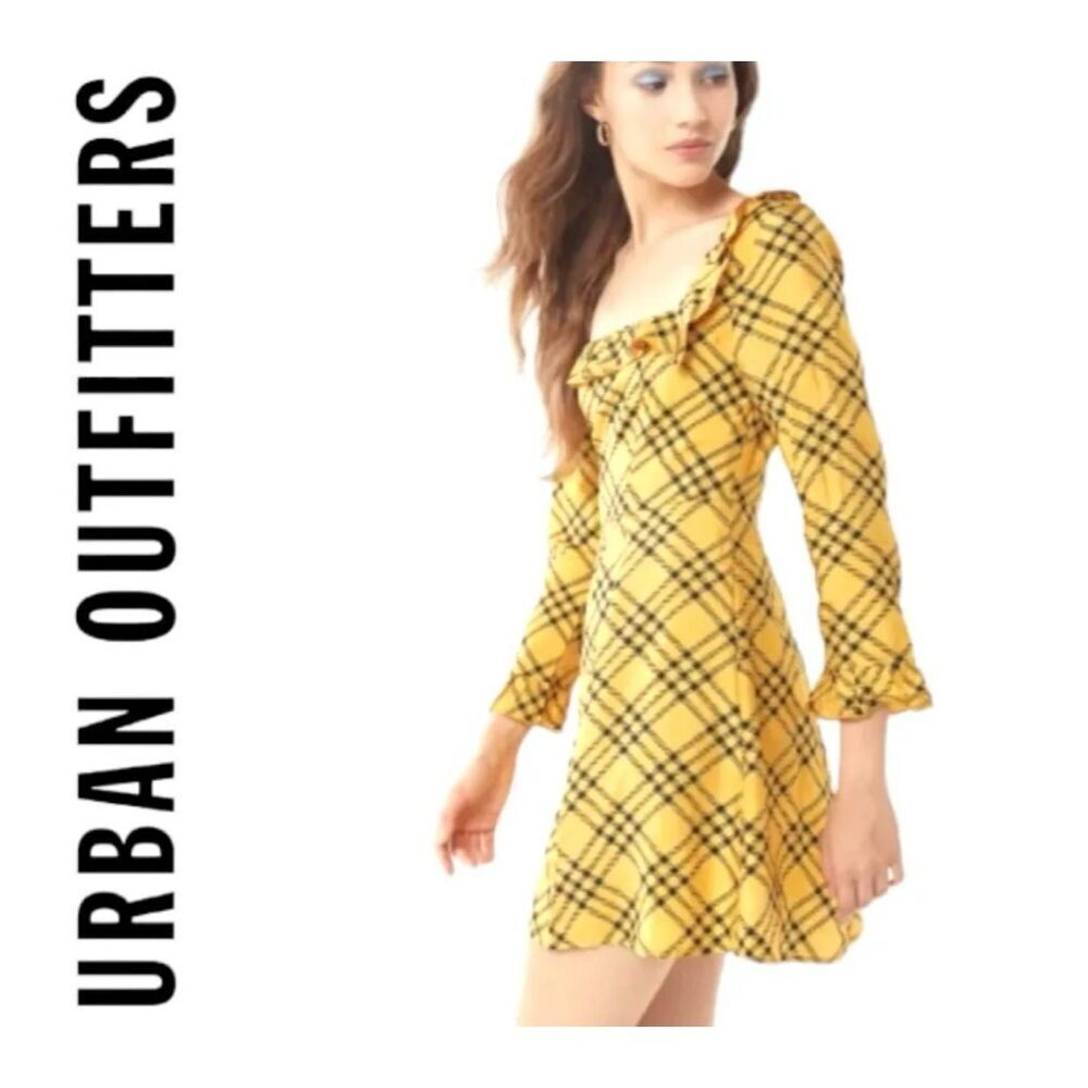 Womens Urban Outfitters Womens Yellow Plaid Dark Academia Ruffle Neck Dress Sz M
